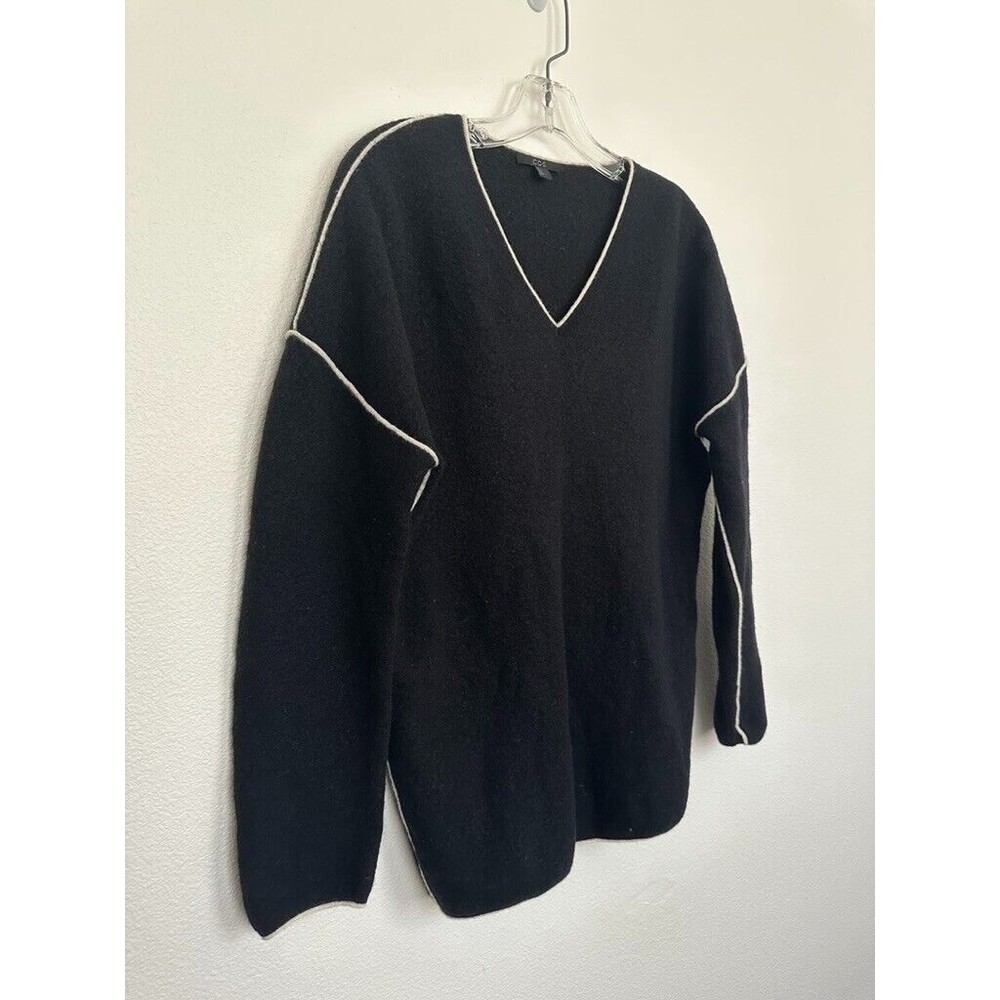 COS Women Wool Black V Neck Sweater Contrasting White Hem Accents Small